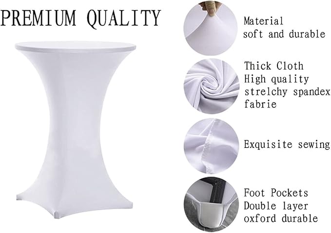 Tina 8 Pack 30x42 Inch Highboy Spandex Cocktail Table Covers White, Fitted Stretch Cocktail Tablecloth for Round Tables (8PC 30X42 White)
