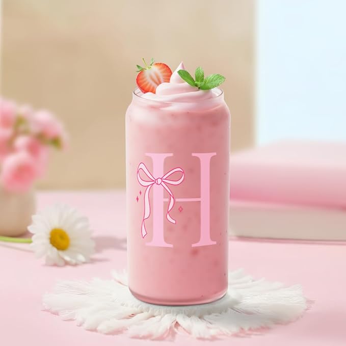 SANDJEST Monogrammed Glass Drinking Can Cup with Acrylic Lid and Straw, Personalized Frosted Iced Coffee Tumbler 16oz, Monogram Initial Gifts for Women Girls on Birthday (H)