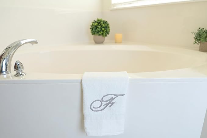 White Monogrammed Hand Towels for Bathroom - Luxury Hotel Quality Personalized Initial Embroidered Towel for Powder Room, Spa - GOTS Organic Certified - Set of 2 Silver Letter F