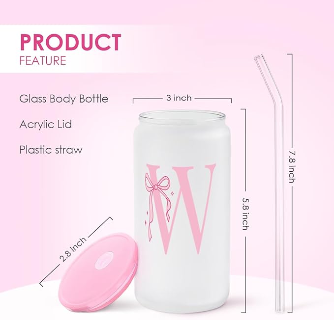 SANDJEST Monogrammed Glass Drinking Can Cup with Acrylic Lid and Straw, Personalized Frosted Iced Coffee Tumbler 16oz, Monogram Initial Gifts for Women Girls on Birthday (W)