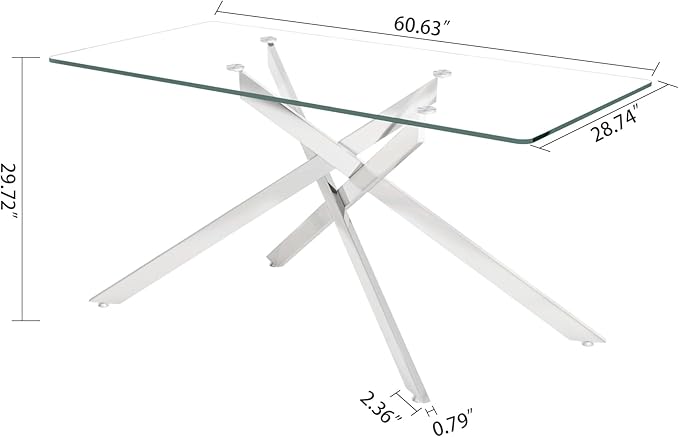 60" Glass Dining Table Modern Kitchen Table for 4-6 People, Contemporary Rectangular Dining Room Dinner Tables with Clear Glass Top & Silver Metal X Legs for Kitchen Apartment