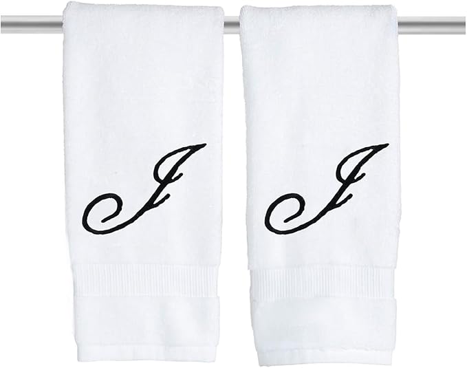 White Monogrammed Hand Towels for Bathroom - Luxury Hotel Quality Personalized Initial Embroidered Towel for Powder Room, Spa - GOTS Organic Certified - Set of 2 Black Letter J