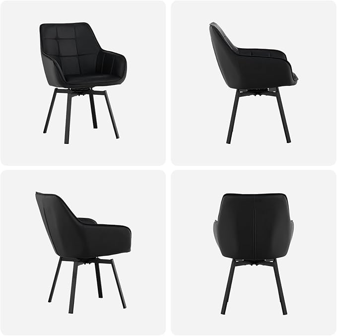 TUKAILAi Swivel Dining Chairs Set of 4, Faux Leather Upholstered Mid Century Accent Chairs with Metal Legs, Rotatable Armchairs for Home Kitchen Restaurant (Black)