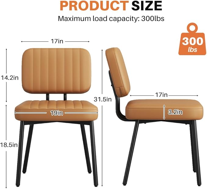 Dining Chairs Set, Upholstered Mid Century Modern Kitchen Dining Room Accent Chairs with Faux Leather Cushion Seat & Metal Legs for Kitchen, Living Room (Brown, Set of 2)