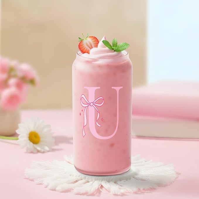 SANDJEST Monogrammed Glass Drinking Can Cup with Acrylic Lid and Straw, Personalized Frosted Iced Coffee Tumbler 16oz, Monogram Initial Gifts for Women Girls on Birthday (U)