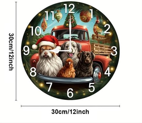 Christmas Dogs Chicken Truck Wall Clock Large Silent Non-Ticking Battery Operated Modern Clocks for Living Room Decor/Bedroom/Office (12x12 in)
