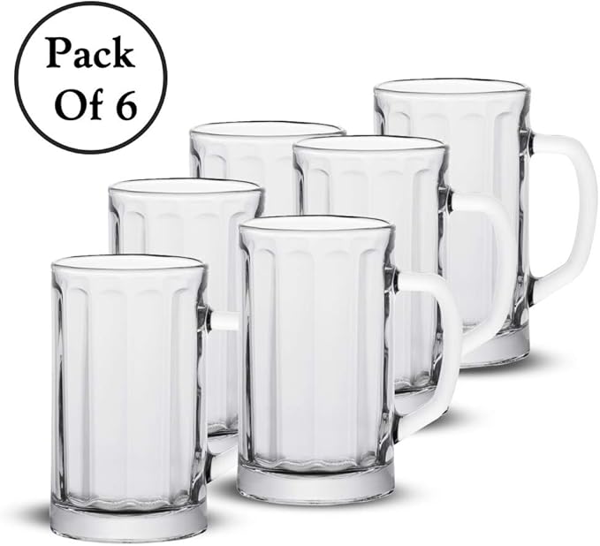 Vikko 17 Ounce Beer Glass Mugs, Weighted Base Clear Beer Mugs with Comfortable Handle, Versatile, Dishwasher Safe, Set of 6 (3.4” x 6.2”)