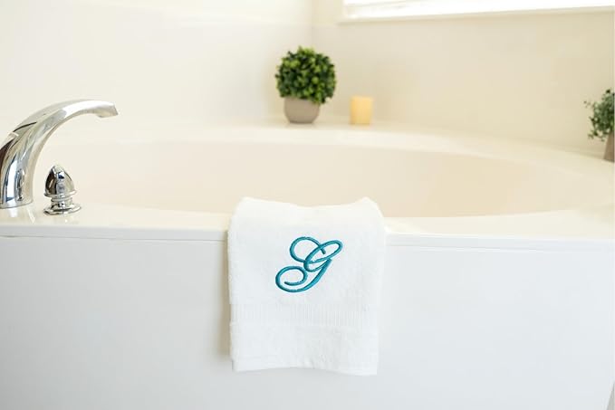 White Monogrammed Hand Towels for Bathroom - Luxury Hotel Quality Personalized Initial Embroidered Towel for Powder Room, Spa - GOTS Organic Certified - Set of 2 Teal Letter G