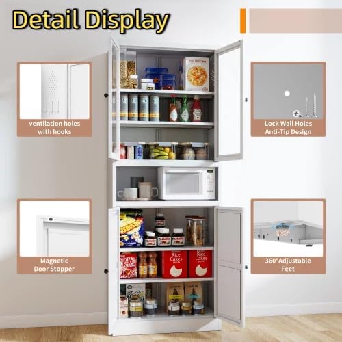 72'' Storage Cabinet, 4 Adjustable Shelves Kitchen Pantry with 2 Glass Doors, Tall White Metal Storage Cabinet with External Hooks, Modern Heavy-Duty Pantry for Kitchen Living Room