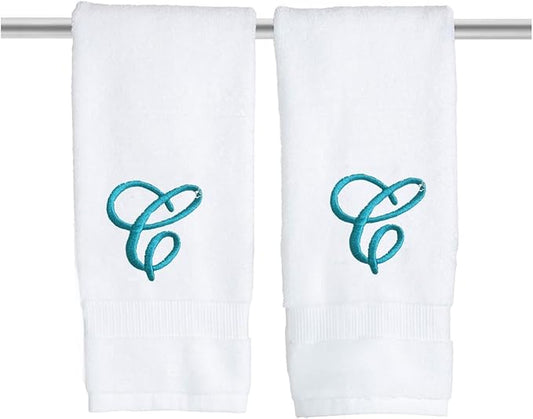 White Monogrammed Hand Towels for Bathroom - Luxury Hotel Quality Personalized Initial Embroidered Towel for Powder Room, Spa - GOTS Organic Certified - Set of 2 Teal Letter C