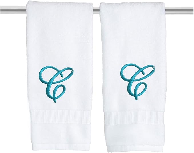 White Monogrammed Hand Towels for Bathroom - Luxury Hotel Quality Personalized Initial Embroidered Towel for Powder Room, Spa - GOTS Organic Certified - Set of 2 Teal Letter C