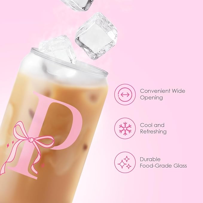 SANDJEST Monogrammed Glass Drinking Can Cup with Acrylic Lid and Straw, Personalized Frosted Iced Coffee Tumbler 16oz, Monogram Initial Gifts for Women Girls on Birthday (P)