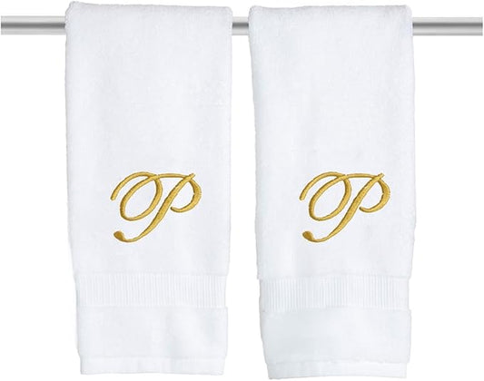 White Monogrammed Hand Towels for Bathroom - Luxury Hotel Quality Personalized Initial Embroidered Towel for Powder Room, Spa - GOTS Organic Certified - Pack of 2 Gold, Letter P