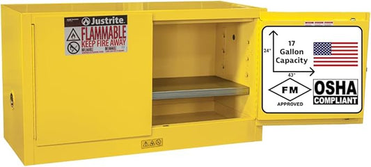Justrite 17 Gallon Manual Close Piggyback Flammable Storage Cabinet, 18 Gauge Steel, 1 Shelf, 2 Door Fire Cabinet, 24" x 43" x 18", Made in The USA, Yellow, 891700