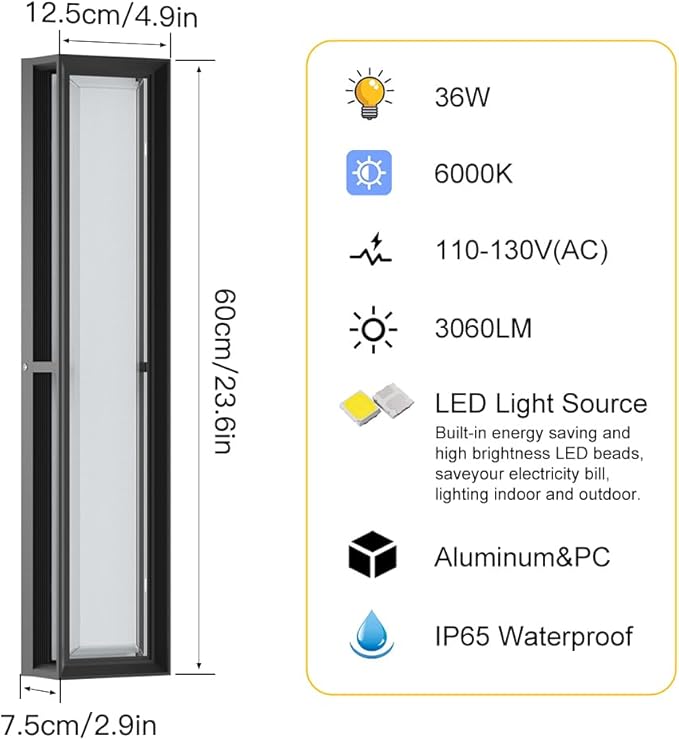 Sytmhoe Outdoor Wall Sconce Lights,2Packs 10%-100% Dimmable LED Modern Porch & Patio Wall Light Fixture, 23.6in Black Exterior Sconce Wall Mounted Lights Suitable for Garage Courtyard House(6000K)