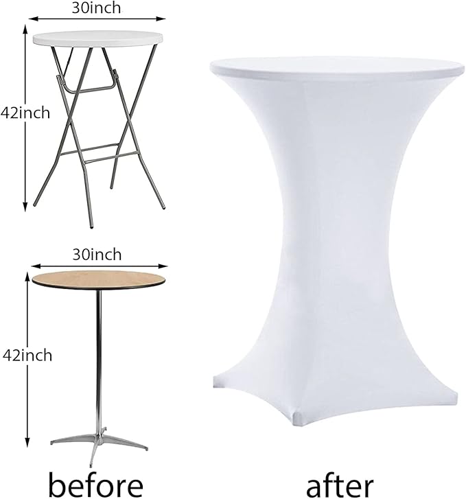 Tina 8 Pack 30x42 Inch Highboy Spandex Cocktail Table Covers White, Fitted Stretch Cocktail Tablecloth for Round Tables (8PC 30X42 White)