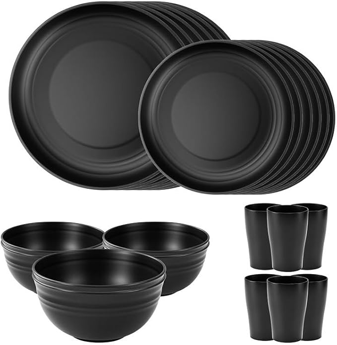 24 Piece Wheat Straw Dinnerware Set -Plates and Bowls Sets for 6 Black Unbreakable Dinner Plates Set Dishwasher Microwave Safe Reusable Plates for Picnic Birthday Camping