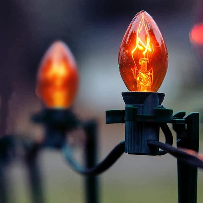 SUNSGNE C7 Orange Halloween Lights, 25Ft Outdoor String Lights with 27 Clear Orange Bulbs(2 Spare), Vintage Christmas Lights for Patio, Cafe, Party, Holiday, Christmas Decor- Black Wire