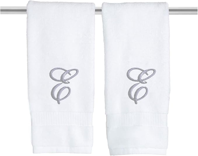 White Monogrammed Hand Towels for Bathroom - Luxury Hotel Quality Personalized Initial Embroidered Towel for Powder Room, Spa - GOTS Organic Certified - Set of 2 Silver Letter E