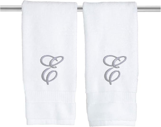 White Monogrammed Hand Towels for Bathroom - Luxury Hotel Quality Personalized Initial Embroidered Towel for Powder Room, Spa - GOTS Organic Certified - Set of 2 Silver Letter E