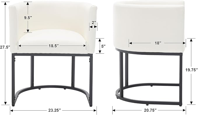 Faux Leather Dining Chairs Set of 4 Modern Barrel Arm Chairs with Black Metal Frame, Upholstered Kitchen Chairs 18.5" Wide Accent Chairs for Living Room Dining Room Restaurant, White