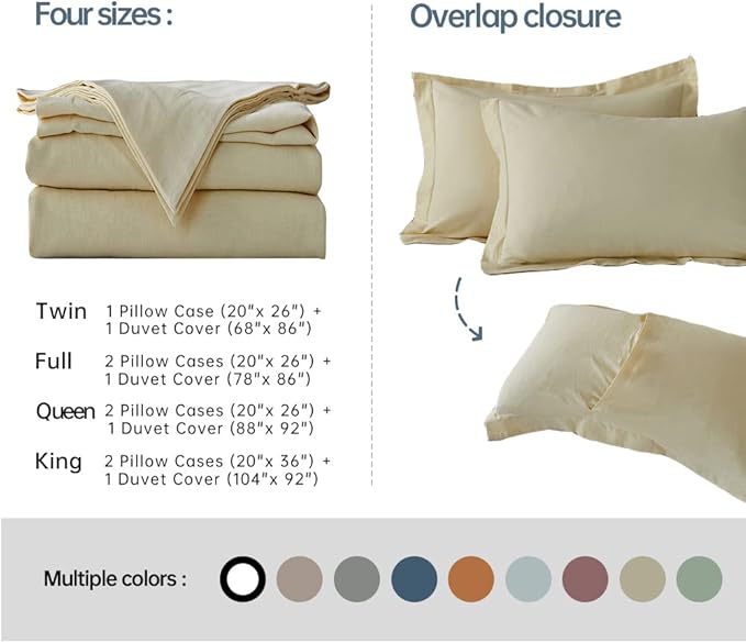 Simple&Opulence French Linen Duvet Cover Set - Queen Size(88" x 92")- 3 Pieces (1 Comforter Cover,2 Pillowcases)- Natural Flax Cotton Blend-Solid Color Breathable Farmhouse Bedding-Pale Yellow