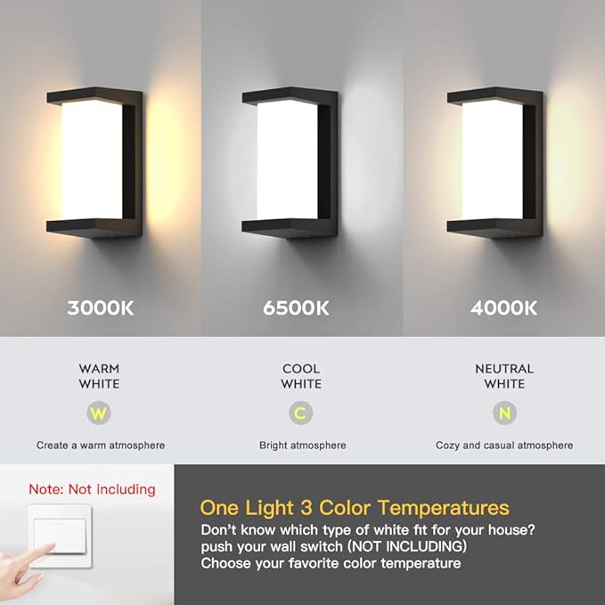 Sytmhoe Outdoor Wall Lights,2Packs 24w Exterior Light Fixture,LED Wall Sconce 3-Color-Changeable Wall Mounted Lamps,Matte Black Porch&Patio Light Outdoor,IP65 Waterproof for Hallway Stairs Gardens