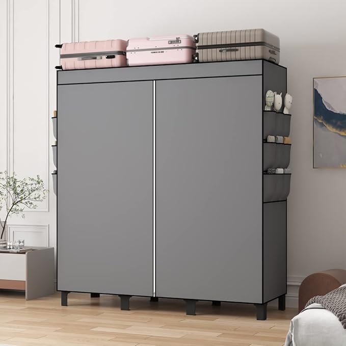 Portable Wardrobe, Clothes Organizer, Easy Hanger Wardrobe, Multiple Dividers and 3 Drawers, 6 Side Pockets Large Capacity (Grey)