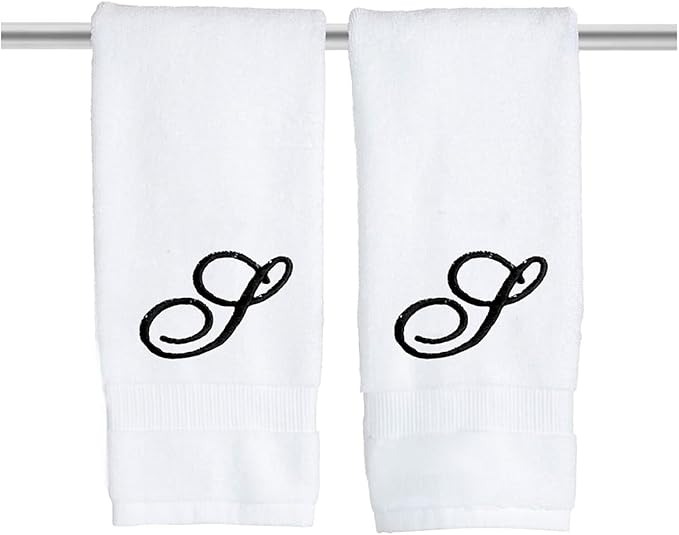 White Monogrammed Hand Towels for Bathroom - Luxury Hotel Quality Personalized Initial Embroidered Towel for Powder Room, Spa - GOTS Organic Certified - Pack of 2 Black, Letter S