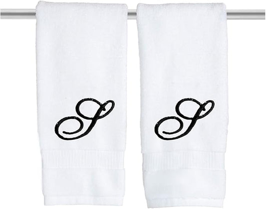 White Monogrammed Hand Towels for Bathroom - Luxury Hotel Quality Personalized Initial Embroidered Towel for Powder Room, Spa - GOTS Organic Certified - Pack of 2 Black, Letter S