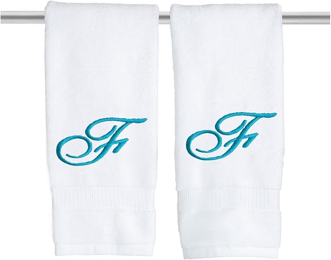 White Monogrammed Hand Towels for Bathroom - Luxury Hotel Quality Personalized Initial Embroidered Towel for Powder Room, Spa - GOTS Organic Certified - Pack of 2 Teal, Letter F