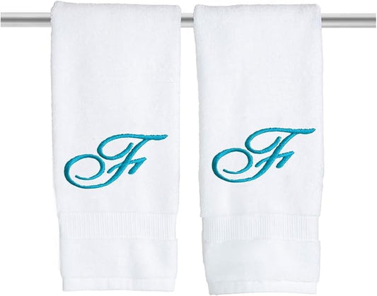 White Monogrammed Hand Towels for Bathroom - Luxury Hotel Quality Personalized Initial Embroidered Towel for Powder Room, Spa - GOTS Organic Certified - Pack of 2 Teal, Letter F