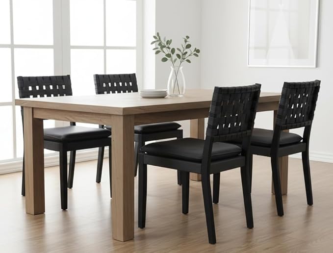 Woven Faux Leather Dining Chairs Set of 4, Farmhouse Upholstered Kitchen Chairs with Wooden Legs Armless Accent Side Chairs for Dining Room/Restaurant, Black