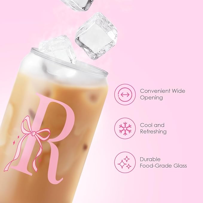 SANDJEST Monogrammed Glass Drinking Can Cup with Acrylic Lid and Straw, Personalized Frosted Iced Coffee Tumbler 16oz, Monogram Initial Gifts for Women Girls on Birthday (R)