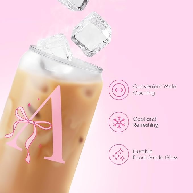 SANDJEST Monogrammed Glass Drinking Can Cup with Acrylic Lid and Straw, Personalized Frosted Iced Coffee Tumbler 16oz, Monogram Initial Gifts for Women Girls on Birthday (A)