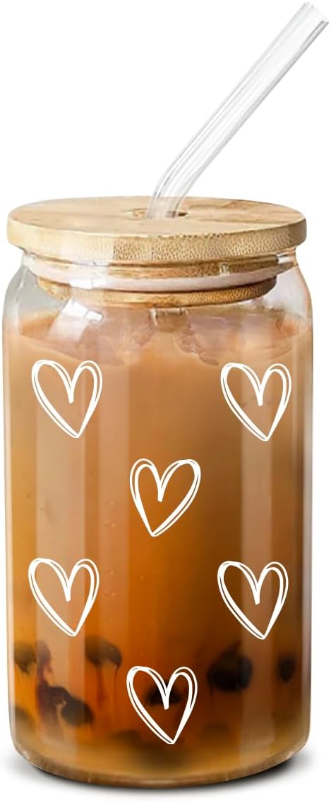 NewEleven Cute Glass Coffee Cups With Lids And Straw – Aesthetic Cups – Iced Coffee Cup, Coffees Tumbler – Christmas Gifts For Women, Friends, Coffees Lover - 16 Oz Coffee Glass