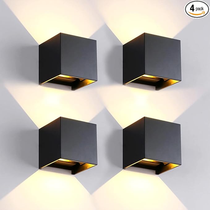 4 Pack Outdoor Wall Lights Exterior/Interior LED Wall Sconces IP65 Waterproof Square Aluminum Wall Lamps Outdoor Lighting Fixture Up and Down Lights Modern Black 12W 3000K Warm Lights
