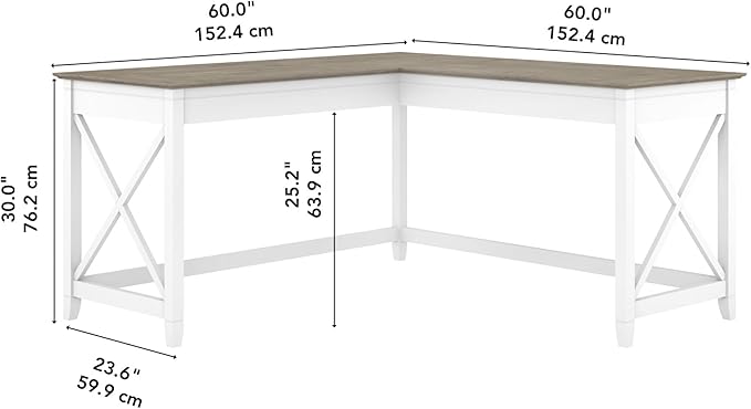 Bush Furniture Key West Modern Farmhouse L-Shaped Desk L Desk for Home Office in Pure White and Shiplap Gray 60W Corner Desk