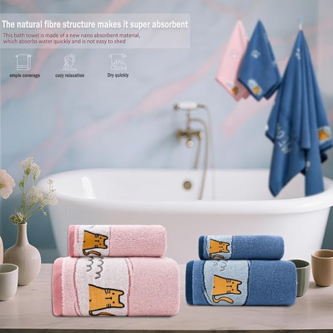Ultra Soft Cotton Cat Bath Towel - Large 59x29 Meow Print & Cat Paw, Quick Dry Absorbent,for Shower, Beach, Pool & Travel.Blue&Pink.