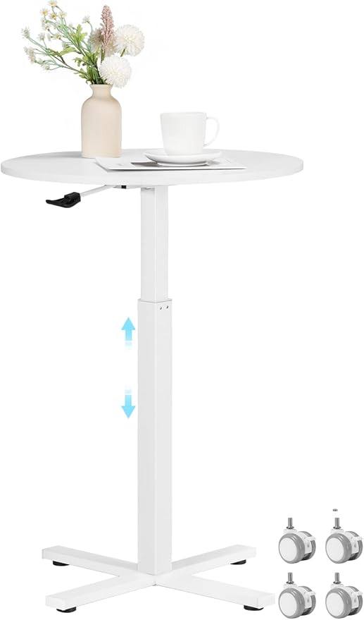 Round Bar Table, Adjustable Height and Rolling Small Dining Table, Dual-Use Cocktail Table with Removable Casters for Bar, Bistro, Café,White