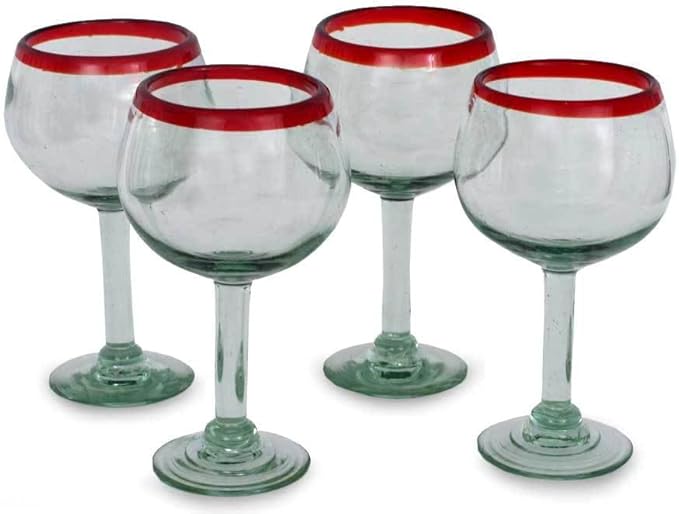 NOVICA Hand Blown Clear Red Recycled Glass Wine Glasses, 12 Oz 'Ruby Globe' (Set Of 4)