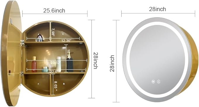 28inch Round Medicine Cabinet with Lights,Led Medicine Cabinet with Defogger,Illuminated Mirror Cabinet for Bathroom,Dimmable,Anti-Fog,3 Colors,Surface Mount only,Gold