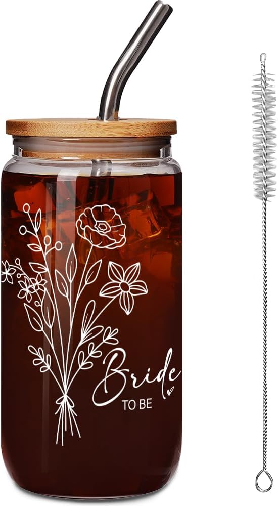 Engagement Glass Cup Gifts for Her, Bride to be Gifts, Bachelorette Glass Cup Gifts for Bride, Bridal Shower Gifts, Wedding Shower Gifts, Bridal Party Gifts, Fiance Gifts for Her Glass Cup 16Oz