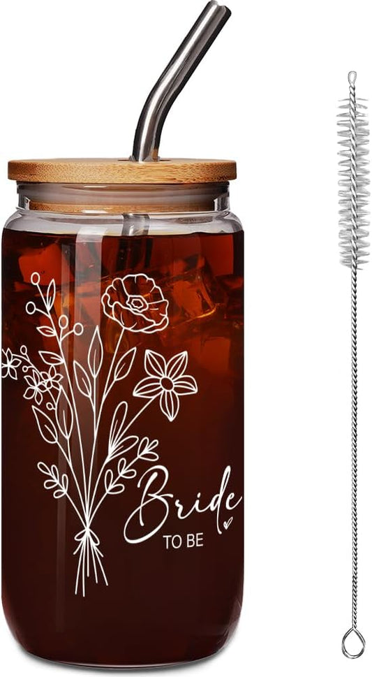 Engagement Glass Cup Gifts for Her, Bride to be Gifts, Bachelorette Glass Cup Gifts for Bride, Bridal Shower Gifts, Wedding Shower Gifts, Bridal Party Gifts, Fiance Gifts for Her Glass Cup 16Oz