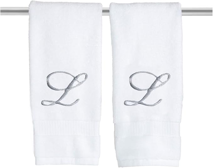 White Monogrammed Hand Towels for Bathroom - Luxury Hotel Quality Personalized Initial Embroidered Towel for Powder Room, Spa - GOTS Organic Certified - Pack of 2 Silver, Letter L