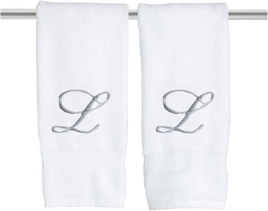 White Monogrammed Hand Towels for Bathroom - Luxury Hotel Quality Personalized Initial Embroidered Towel for Powder Room, Spa - GOTS Organic Certified - Pack of 2 Silver, Letter L