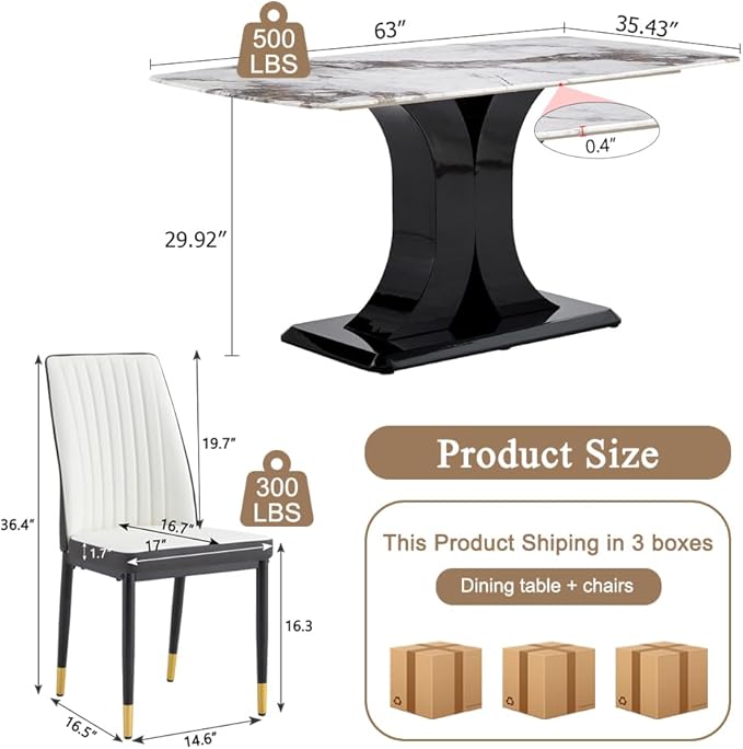 Modern Dining Table Set for 6, Marble Kitchen Table Chair Set for 6, Rectangular Kitchen Table with 6 Pu Leather Upholstered Chair for Dining Room