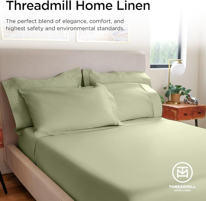 Threadmill Luxury 800 Thread Count Twin 100% Cotton Sheets - Sage Green Bed-Sheets, Sateen Weave Better Than Egyptian Cotton,3 Pc Solid Soft Bedding Set, Fits 15" Deep Pocket