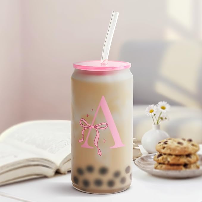 SANDJEST Monogrammed Glass Drinking Can Cup with Acrylic Lid and Straw, Personalized Frosted Iced Coffee Tumbler 16oz, Monogram Initial Gifts for Women Girls on Birthday (A)
