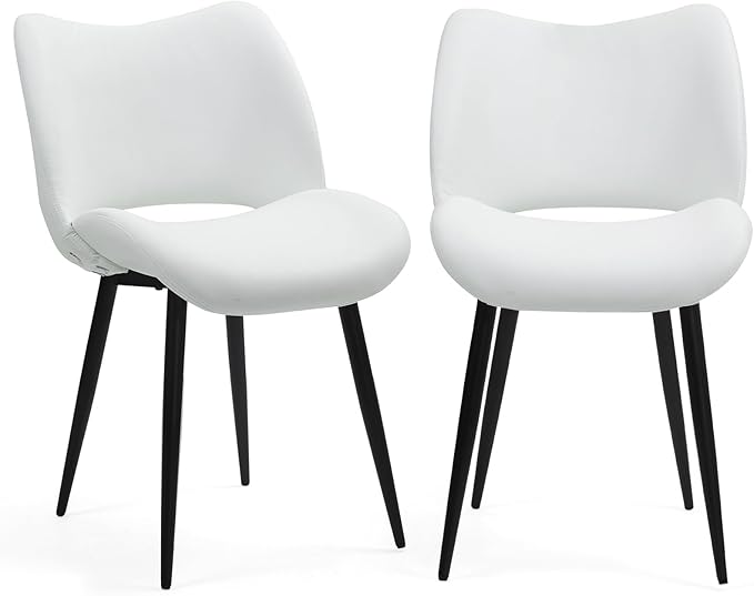 Modern Upholstered Dining Chairs Set of 2 Accent Dinner Chair with Pu Faux Leather and Middle Curved Back for Kitchen Living Room Bedroom (White)